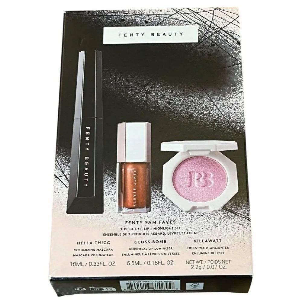 Fenty Beauty Fam Faves 3 Piece Set Hella Thicc Mascara Gloss Bomb Highlighter Ne
